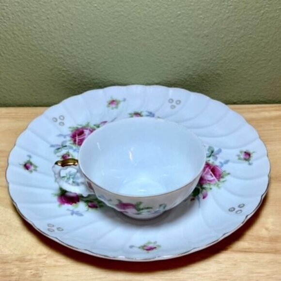 Bone China • Tea Cup & Snack Tray • Pink Purple Green • Gold Trim • Marked AACO - Picture 4 of 12